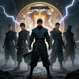 character concept, wide angle, full body, symmetrical head - on centralized, young arabic man with dark ninja clothes. detailed, high quality, dynamic lightning, fantasy, scenematic. artwork by artgerm, wlop, alex ross, greg rutknowski, alphonse mucha