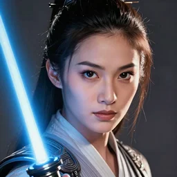 head and shoulders portrait of a female knight, jedi, robes, blue lightsaber, young michelle yeoh, star wars, by artgerm, face detail, extremely detailed, digital manga