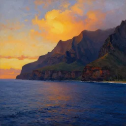 kauai - napali coast, hawaii, from the sea, at sunset, landscape painting, by zdzisław beksinski, h r giger,