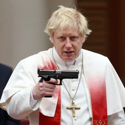 Boris Johnson as the pope holding a Glock