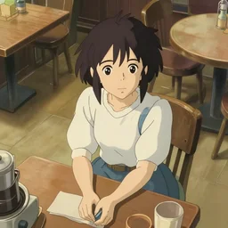 a film still overhead view of a girl working in a cafe, finely detailed features, full body mid shot, detailed smooth face, perfect art,, trending on pixiv fanbox, painted by gaston bussiere, makoto shinkai, akihiko yoshida, gaston bussiere, craig mullins, studio ghibli