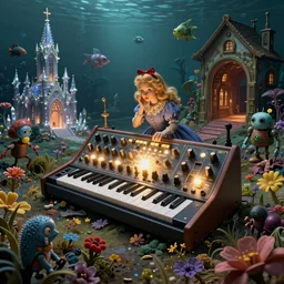 a centered render of intricate modular synthesizer of alice in wonderland, shining its light across a tumultuous sea of flowers, undersea animals and gothic crystal church and mutant robots and vintage house tunnels by dorothea tanning and salvador dali, trending on artstation, cyber punk, high contrast, unreal engine, high detailed, 8 k