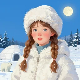portrait of an eskimo girl, sky, winter, snow, 1 9 5 0 s, igloo, moon, polar bear, nicoletta ceccoli, mark ryden, lostfish, artstation, illustration, digital paint, matte paint, vivid colors, bright, cheerful