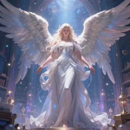 infinitely detailed concept art of angel!! elegantly clothed imposing it's majestic aura, spreading it's gloriously detailed wings in a peaceful dream setting!, artstation!! / pixiv!!! infinitely detailed, library dream world outdoors and neon night scenery art concept, dream magical, dream scenery art, dream lighting, full - body majestic angel