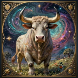 taurus zodiac personified, anthropomorphic bull deity, decadent earth sign, soft and soothing, bucolic nature, cinematic portrait by artgerm, cushart krenz, greg rutkowski, mucha. art nouveau. gloomhaven, liquid celestial ripples, nebula tones, vibrant colors, sharp edges. ultra clear detailed. 8 k. elegant, intricate, octane render