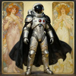 knights templar in a space suit with black cape, futurism, character design, painting by gaston bussiere, greg rutkowski, artgerm, alphonse mucha, trending on artstation