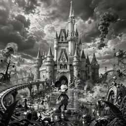 post - apocalyptic magic kingdom, wasteland, rubberhose cartoon, submerged, monorail, abandoned, wet, swamp, swamp gas, nuclear fallout, black and white, mickey mouse, walt disney world,