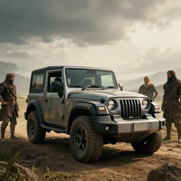 Mahindra thar, tribe members watching nearby, an epic fantasy, dramatic lighting, cinematic, establishing shot, extremely high detail, photorealistic, cinematic lighting, artstation, by christopher nolan, horizon forbidden west