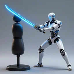 a photo of cyborg samurai slashing a training dummy with a blue neon katana, futuristic, holographic, 8k, sharp focus, fujifilm