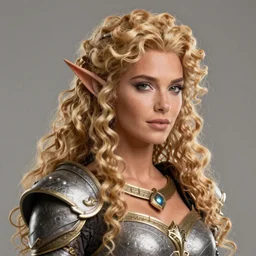 complex 3 d hyper realistic smooth ultra sharp render of a gorgeous princess elf paladin woman ( kate beckinsale ) | tanned skin, curly blonde hair | d & d, medieval, fantasy | art by oh jinwook + 吵 集 仁 儿 on artstaion + takeshi obata + alphonse mucha