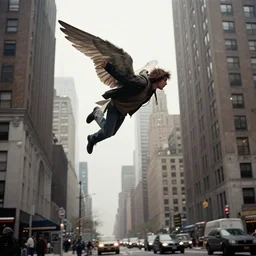 a homeless man fly's in the sky like an angel over the city. realistic image. new york city candid photo. hyperrealistic terrorist attack.