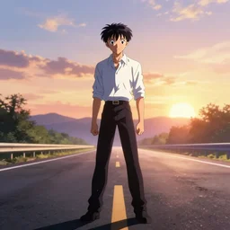 anime illustration of ikari shinji wesring a white shirt and black pants, standing by his evangelion eva 0 1 on an empty highway at sunrise, cinematic lighting, evangelion rebuild anime 1 0 8 0 p, 9 0 s anime aesthetic, volumetric lights, rule of thirds, unreal engine render, pinterest wallpaper, trending on artstation