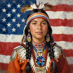 Young Native American Woman as United States Emperor in her Ceremonial Garb, 1966, Stars and Stripes, Oil on Canvas