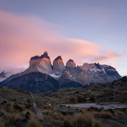 photograph of the torres del paine national park by mark owen. sunset. long exposure clouds. cinematic. epic. pastel colors. kodak portra film!!. whirl bokeh!. mamiya 7. highly detailed. hq. photoreal. golden hour. lens flare. faded film.