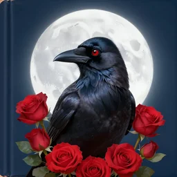 portrait, A feather of crow with red eyes in front of the full big moon, book cover, red roses at the top, red white black colors, establishing shot, extremly high detail, foto realistic, cinematic lighting, pen and ink, intricate line drawings, by Yoshitaka Amano, Ruan Jia, Kentaro Miura, Artgerm, post processed, concept art, artstation, matte painting, style by eddie mendoza, raphael lacoste, alex ross