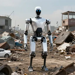 the tesla bot in a junk field