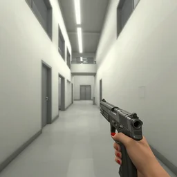 screenshot of a first person shooter game on unreal engine 5, narrow modern hallways of a government office facility with white dry wall, female hands painted nails holding gun, photorealistic, retrofuturism, concept art, trending on artstation