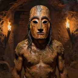 masterpiece painting of a portrait of a native incan man covered in mud wearing a wooden mask, in a darken incan dungeon, torchlight, by greg rutkowski and noah bradley, trending on artstation