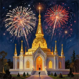 night allegory temple of the cosmic chromosphere with fireworks, masterpiece painted by maxfield parrish, jc leyendecker and hopper