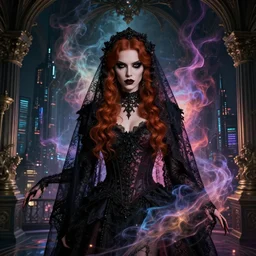 highly detailed beautiful portrait, mix of woman in her 2 0 s with wavy dark ginger hair, heavy dark makeup, tall, intricate lace vail, evil powerful wizard mage, intricate colorful cosmic smoke magic, baroque gothic victorian interior cyberpunk city vista, 8 k, style of artgerm, andreas rocha, hiroshi nagai