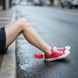 side view of the legs of a woman hook sitting on the ground by a curb, very short pants, wearing red converse shoes, wet aslphalt road after rain, blurry background, sigma 8 5 mm