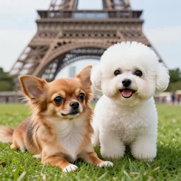 a photorealistic closeup image of a cute brown colored long haired chihuahua cocker spaniel dog laying next to an adorable smiling white bichon frise dog in paris in front of the eiffel tower. grass. brightly lit. extreme detail. 4 k hd unreal engine