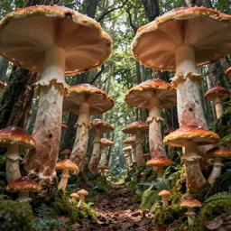 giant mushroom forest in the style of Tuomas Korpi concept art, 4K, UHD, High quality, Trending on Artstation HQ
