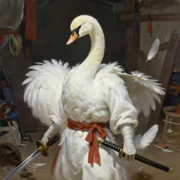 classic oil painting, anthropomorphic white swan that is dressed as a ninja rogue while holding a katana, as a dnd character, inside a cluttered dojo, feathers, belts, extremely detailed, digital illustration, concept art, readability, smooth, sharp focus, art by paul bonner, and brothers hildebrandt