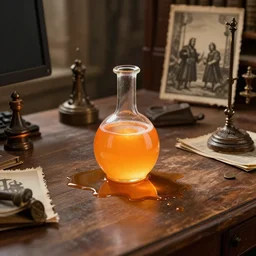 office desk with a spilled glowing orange potion, 1 2 th century fantasy photograph