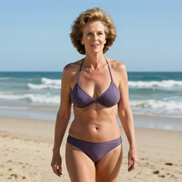 maggie thatcher on beach, bikini, realistic, wide shot, sunny lighting, octane render, gq magazine, hyper realistic, high quality, highly detailed, hd, beautiful, cinematic, 8 k, unreal engine, facial accuracy,