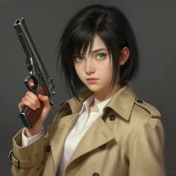 upper body portrait of a young girl from final fantasy live action, with short black hair and green eyes in a tan trenchcoat over a white shirt, holding a gun, award winning, masterpiece digital painting by greg rutkowski, alex grey, artstation, 4 k wallpaper,