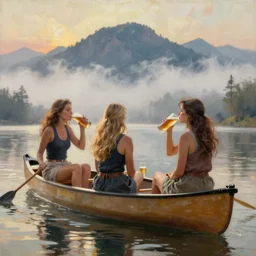 “ girls sitting in canoe on the hudson river drinking beer!!!!!!!!, mountains in fog background, painting, by odd nerdrum ”
