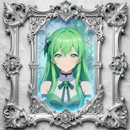 baroque bedazzled gothic royalty frames surrounding a hologram of decora styled green haired yotsuba koiwai wearing a gothic spiked jacket, background full of lucky clovers, crosses, and shinning stars, holography, irridescent