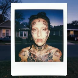 detailed color analog medium format photo made by harmony korine, polaroid photo of person with body modifications and face tatoos in american suburbs, rim light, shot at night with studio lights, high production value, intricate details, 8 k resolution, hyperrealistic, hdr, photorealistic, high definition, tehnicolor, award - winning photography, masterpiece, amazing colors,