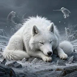 giant sleeping ( ( ( ( ( ( white canine ) ) ) ) ) ) cute creature creature in a tundra landscape, dramatic lighting, moody : : by michal karcz, daniel merriam, victo ngai and guillermo del toro : : ornate, dynamic, particulate, intricate, elegant, highly detailed, centered, artstation, smooth, sharp focus, octane render, 3 d