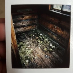 a picture taken on an old photo with a bad bitrate inside of a cabin, there is mold all over the cabin floor, 2.2mm Lens.