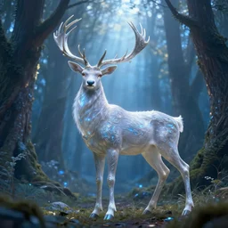 beautiful hyper realistic elven, celestial highly detailed magic stag, in a beautiful highly detailed forest background. blue light. sunlight rays throught the trees. intricate, elegant, fantasy art, concept art 8 k rendering.