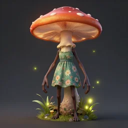 a dark skinned anthro fungal mushroom humanoid with long arms and long legs wearing a floral dress, fireflies, vivid colours, ultra realistic,, cg society contest winner, behance contest winner, artstation, 4 k uhd art, unreal engine 5