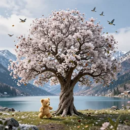 a beautiful awesome artistic tree in the winter with falling flowers like leaves and many birds, teddy bear walks next to a tree, all in the amazing outdoors view, mountain in the background, lake, long exposure, 8 k resolution, trending on artstation