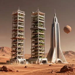 vertical farm structures and sci - fi buildings on mars, a sense of hope and optimism, hyper realistic, high res, 4 k, dusty light, edouard groult, bynde, kirill leonov, isaac zuren