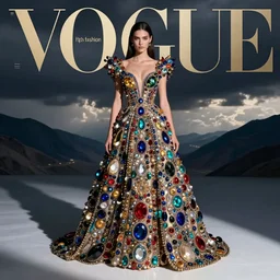 “high fashion dress made of multicolor jewels and metal as designed by William Bradford for VOGUE”