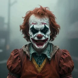moody, foggy and scary portrait of an angry clown by Artgerm, Zhang Kechun and Sean Yoro, washed colors,