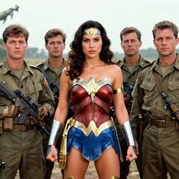 Gal Gadot as Wonder Woman, group photo taken during the 1960s on the Vietnam Battlefields with other American Soldiers, extremely detailed
