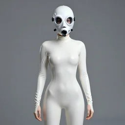 female petite plague doctor, in white tight latex suit, long sleeves, turtleneck, a white latex plague doctor mask, trending on artstation, establishing shot