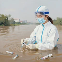 painting of flood waters, a tall female pathology student wearing scrubs and ppe, a river flooding inside, medical mask, syringes, pathology sample test tubes, pigs, plants in a glass vase, water, river, rapids, waterfall, canoe, pomegranate, berries dripping, swans, acrylic on canvas, surrealist, by magritte and monet