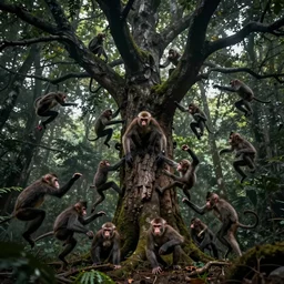 large tree in dense dark forest, seen from below, many aggressive monkeys jumping down attacking, dramatic concept art by greg rutkowski