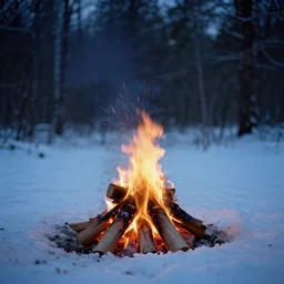 a campfire is sitting in a frozen forest at night, clear focus, bokeh effect, high res, hasselblad, 4 k, iso 1 0 0, shutter speed 1 / 1 0 0 0, aperture f / 8, dslr, professional, cinematic, award winning