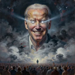 large abstract painting of giant Joe Biden grinning evil emperor of the world made out of clouds emerging in dark clouds,  cosmic horror, evil, dangerous, trending on ArtStation, masterpiece, by Greg Rutkowski, by Ross Tran, by Fenghua Zhong, octane, lightbeam eyes, soft render, clear facial features, oil on canvas, immense crowd of people, moody lighting, cinematic, professional environment concept art