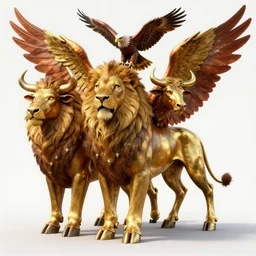 a mythical being with four heads: that of a lion, an ox, an eagle, and a human. They have straight legs, four wings, and bull hooves for feet that gleam like polished brass. One set of wings covers their body, and the other is used for flight, highly detailed, trending on artstation, 4k, vibrant