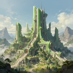 A professional digital painting of monumental futuristic castle in mountains, by Greg Rutkowski and James Gurney, trending on Artstation, green architecture, futuristic, ultra detail, octane render
